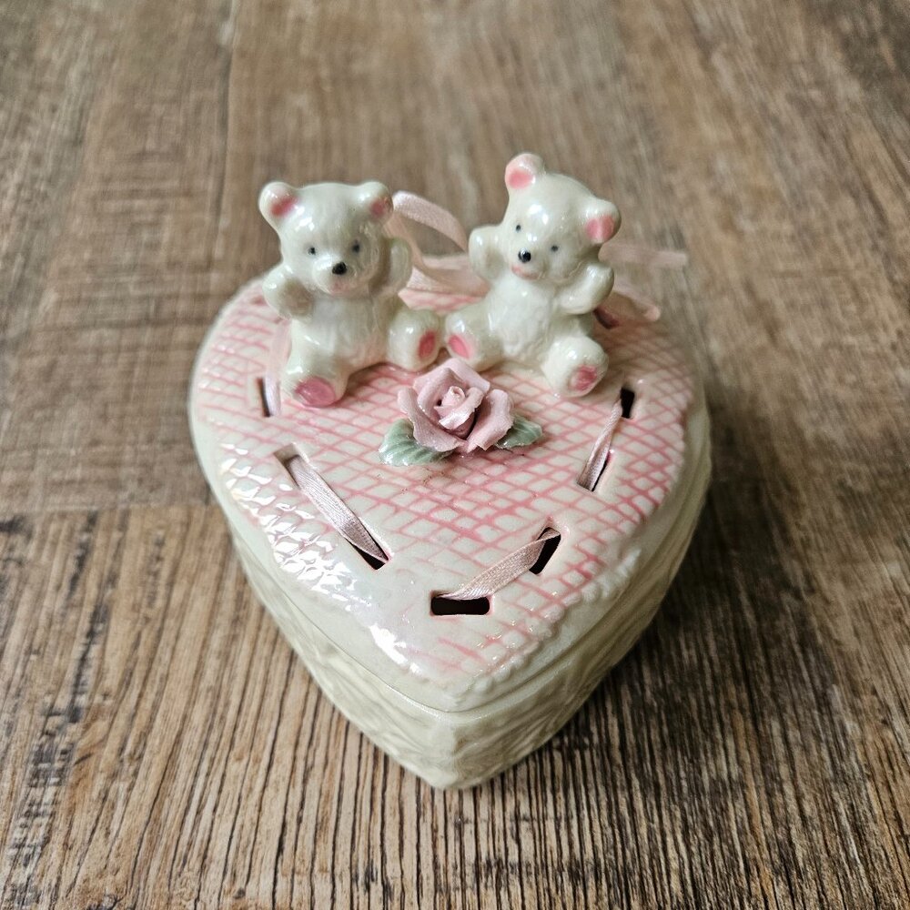 Porcelain Heart Shaped with Bears and Roses Trinket Box